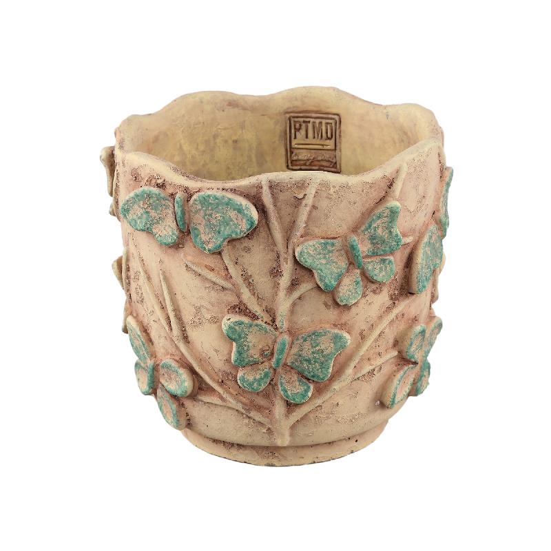 Blumentopf – Runde Form, Zement Material, Schmetterling Muster, Gelbe Oberfläche, L – Sterlin | PTMD