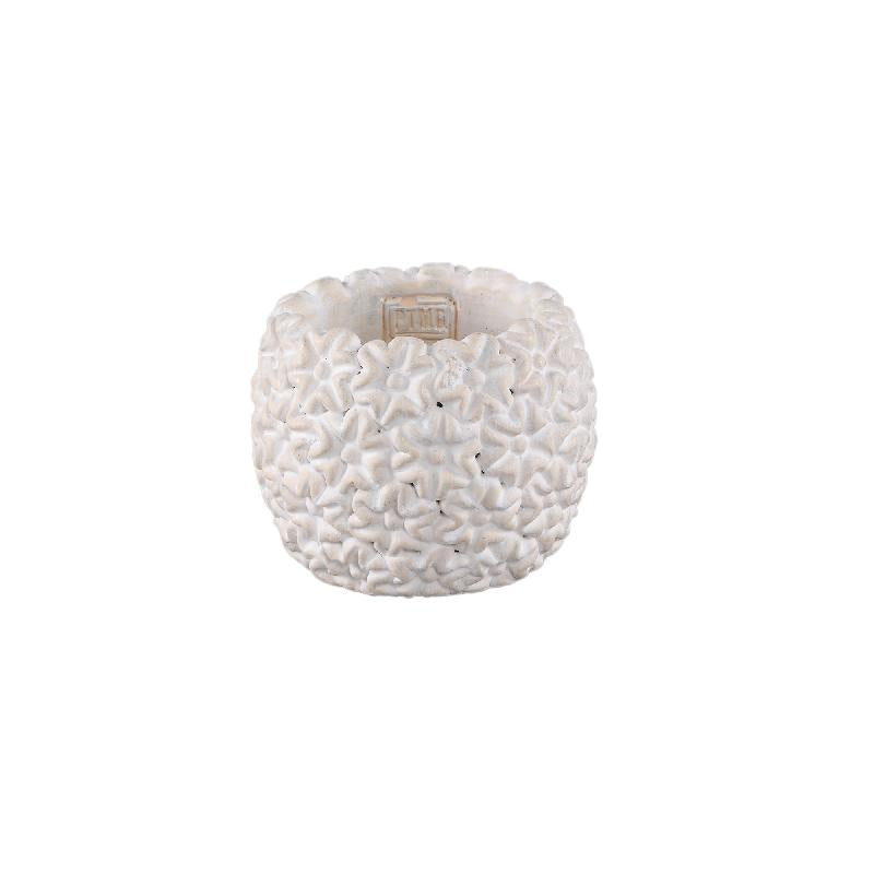 Blumentopf – Runde Form, Zement Material, Blumen Muster, Weiße Oberfläche, S – Salia | PTMD