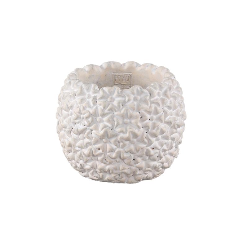 Blumentopf – Runde Form, Zement Material, Blumen Muster, Weiße Oberfläche, M – Salia | PTMD