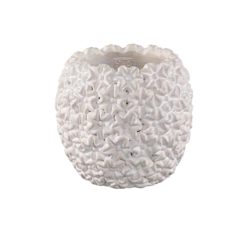 Blumentopf – Runde Form, Zement Material, Blumen Muster, Weiße Oberfläche, L – Salia | PTMD