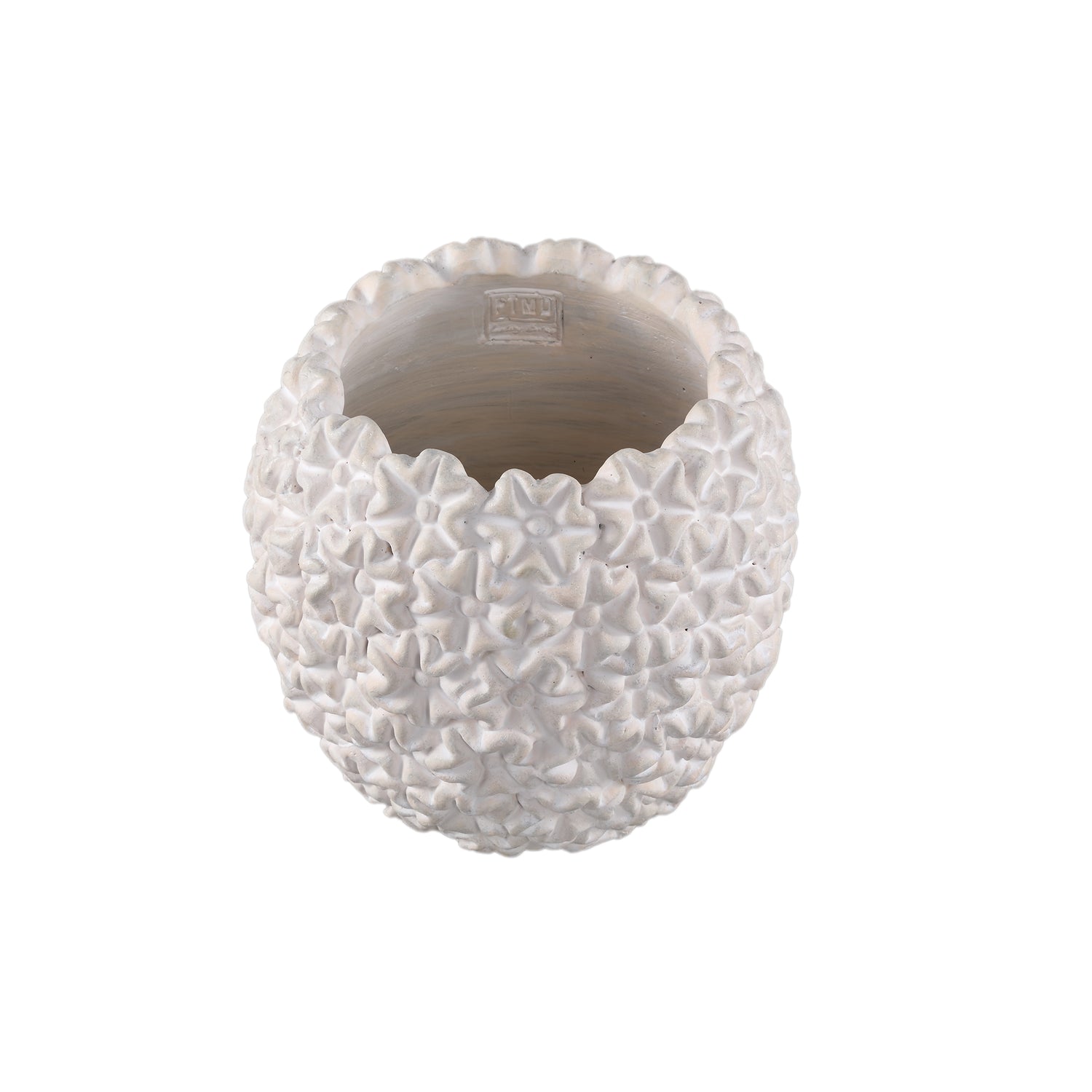 Blumentopf – Runde Form, Zement Material, Blumen Muster, Weiße Oberfläche, M – Salia | PTMD