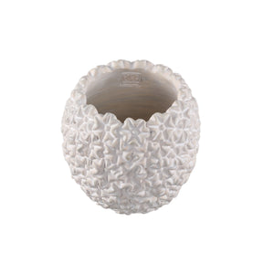 Blumentopf – Runde Form, Zement Material, Blumen Muster, Weiße Oberfläche, L – Salia | PTMD