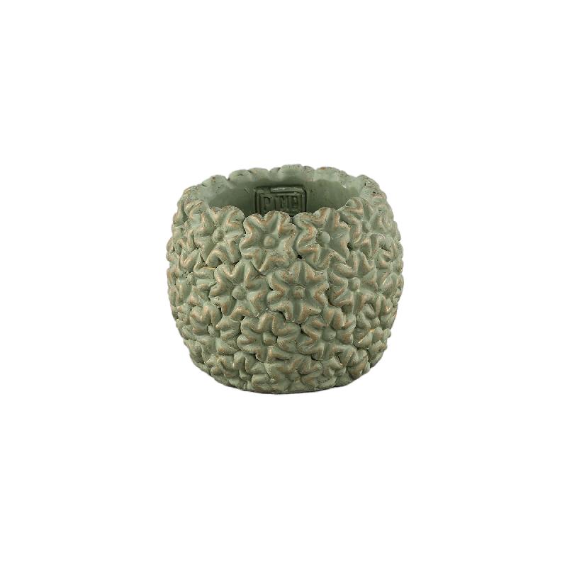Blumentopf – Runde Form, Zement Material, Blumen Muster, Grüne Oberfläche, S – Salia | PTMD