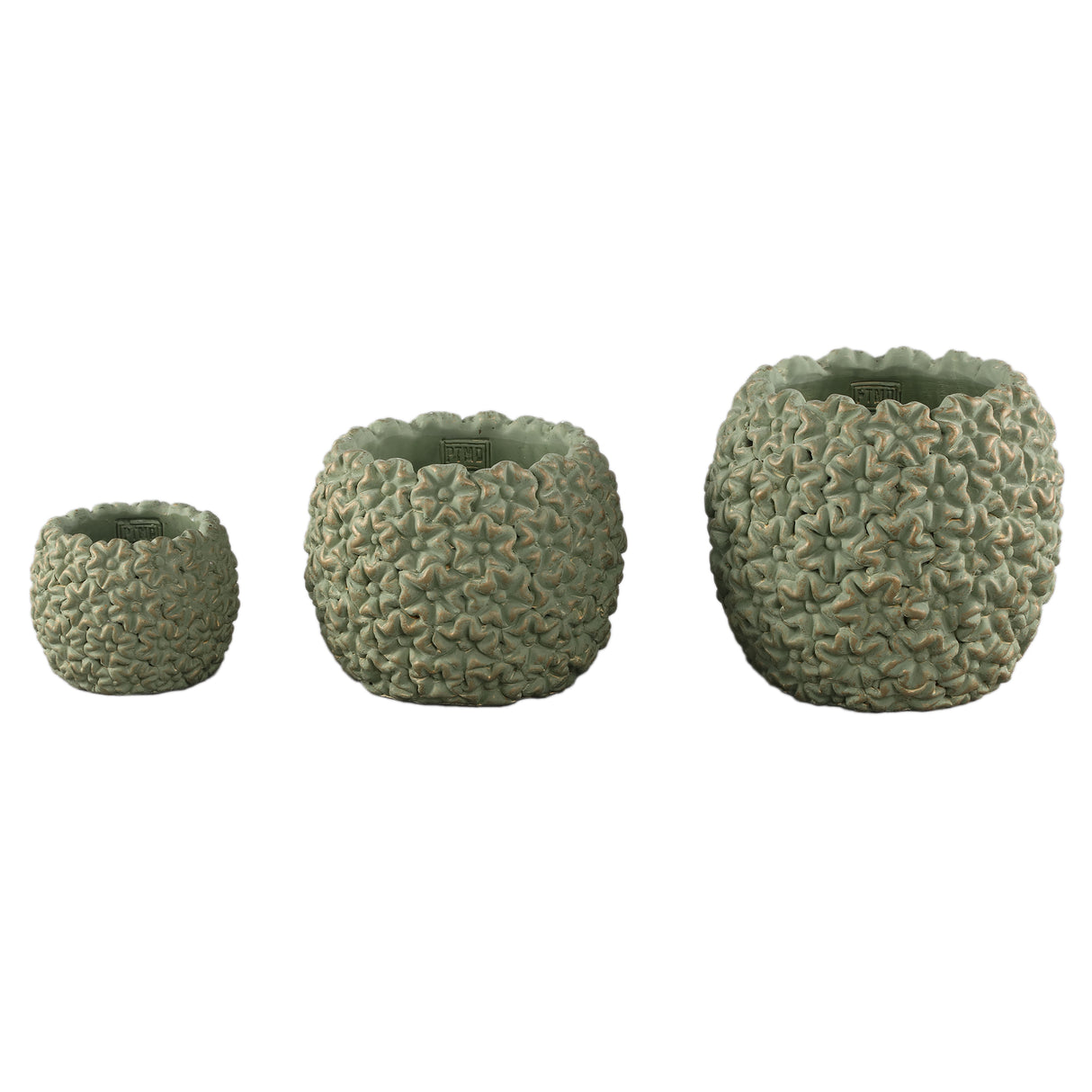 Blumentopf – Runde Form, Zement Material, Blumen Muster, Grüne Oberfläche, S – Salia | PTMD