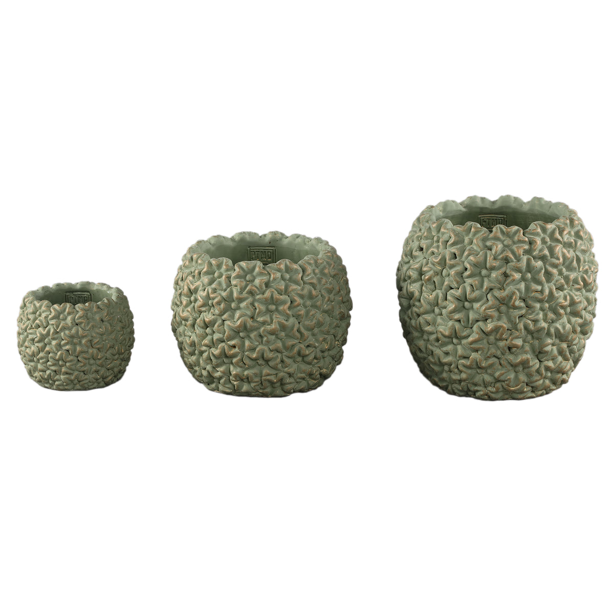 Flower Pot – Round Shape, Cement Material, Flower Pattern, Green Surface, L – Salia | PTMD