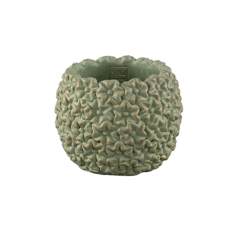 Blumentopf – Runde Form, Zement Material, Blumen Muster, Grüne Oberfläche, M – Salia | PTMD