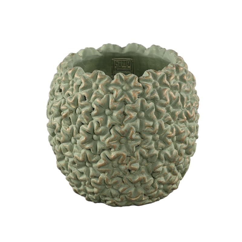 Flower Pot – Round Shape, Cement Material, Flower Pattern, Green Surface, L – Salia | PTMD