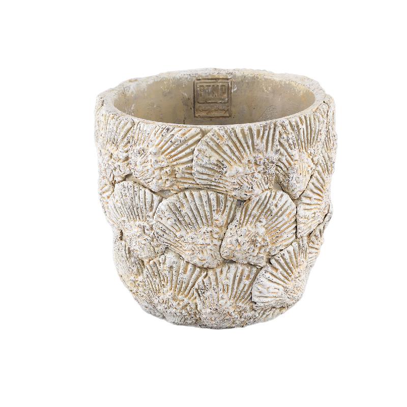Blumentopf - Runder Zement, Muschelmuster, Cremeweiß, L – Allisha | PTMD
