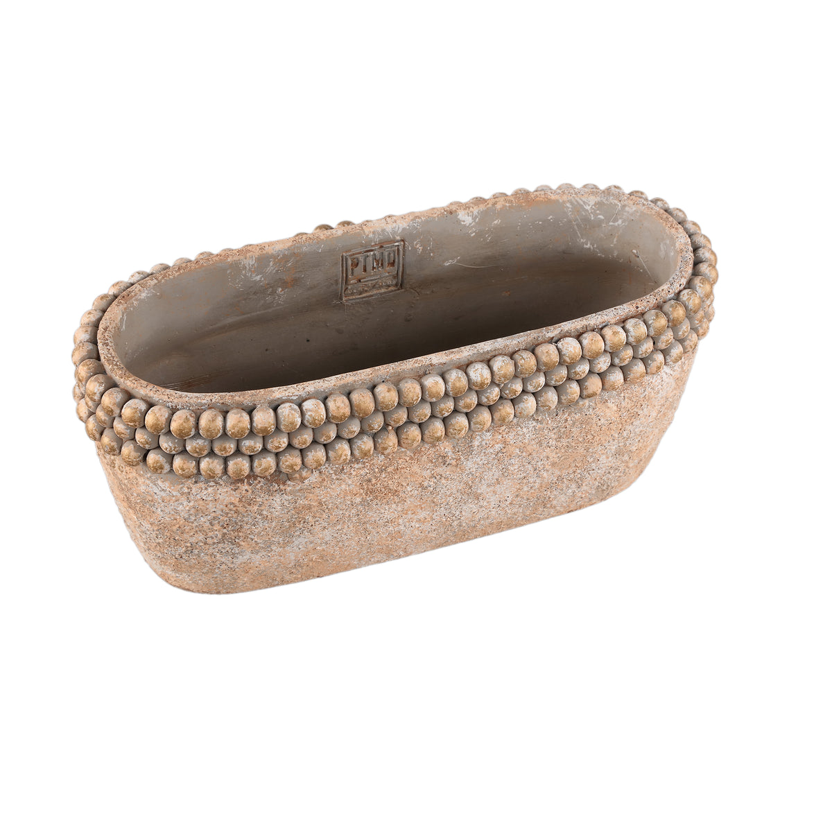 Blumentopf - Ovaler Zement, Perlenrand, Niedrige Form, Braun, L – Rydel | PTMD