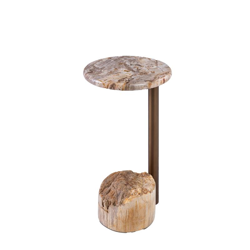 Beistelltisch – versteinertes Holz, Steinplatte, Messingbein, natur – Ataja | PTMD
