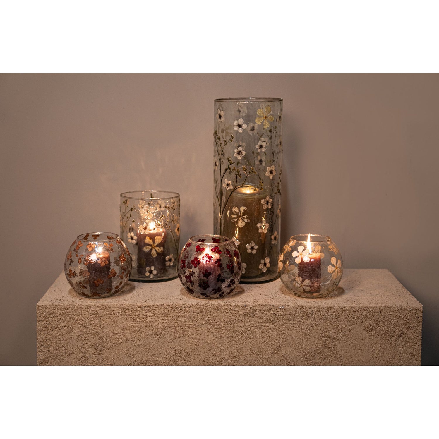 Glass hurricane lantern with brown floral mosaic, tapered shape and stackable - Faron | PTMD