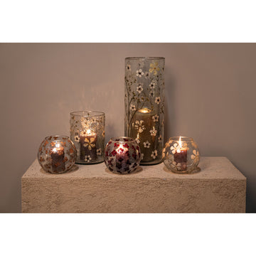 Glass hurricane lantern with brown floral mosaic, tapered shape and stackable - Faron | PTMD