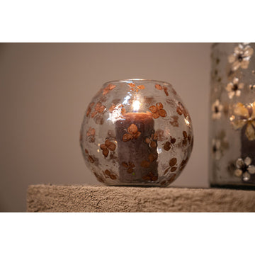 Glass hurricane lantern with brown floral mosaic, tapered shape and stackable - Faron | PTMD