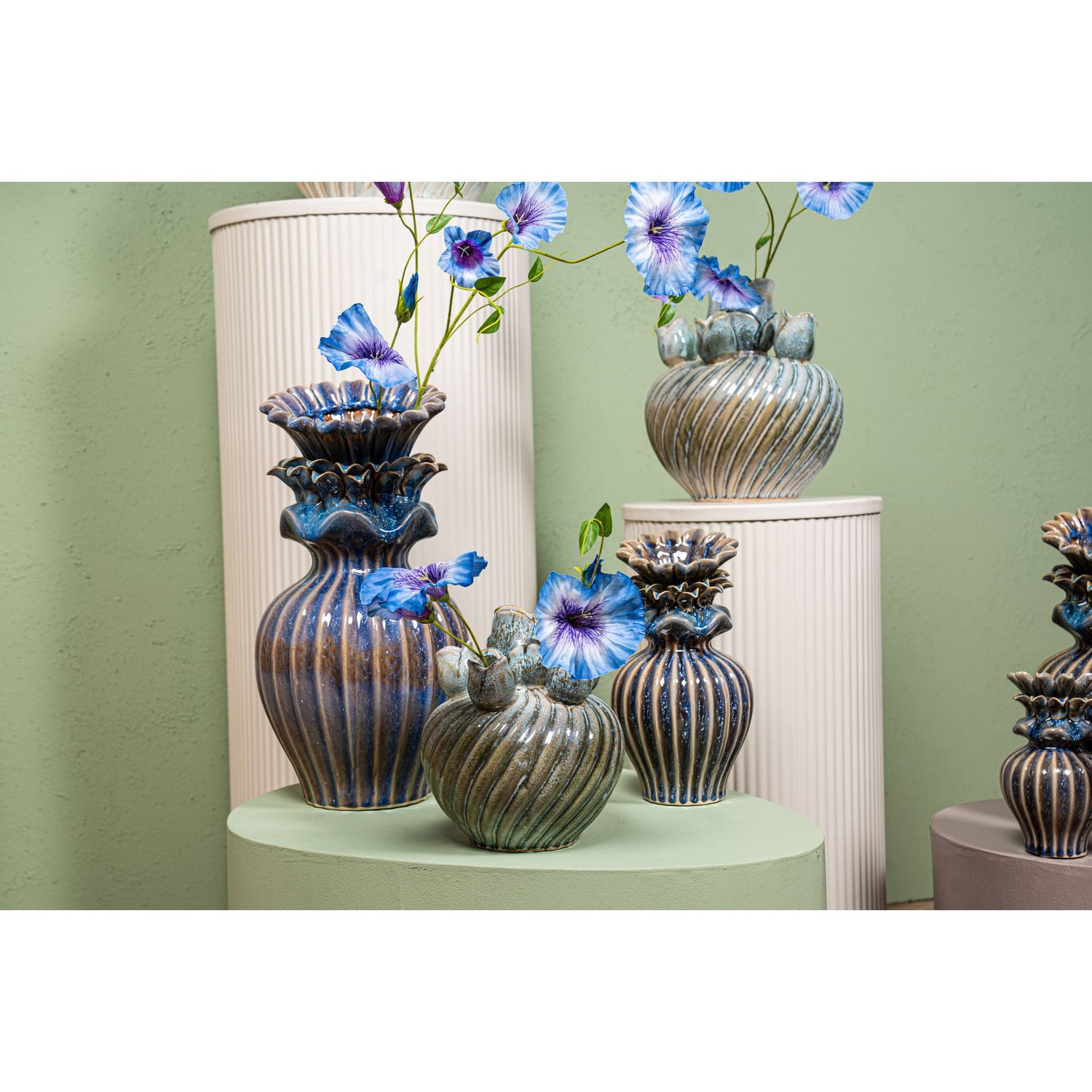 Vase - Flower Shape Design, Ceramic Material, Blue Color, XL - Manda | PTMD