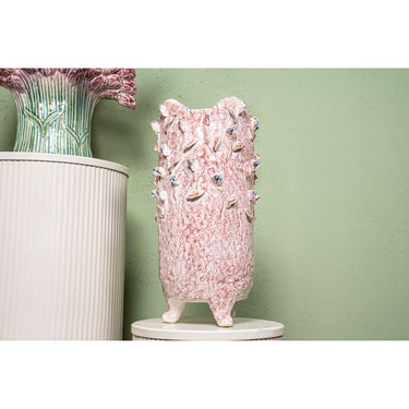 Vase – Hellrosa Farbe, Runde Form, Blaues Rosenmotiv, Keramik, S – Laihla | PTMD
