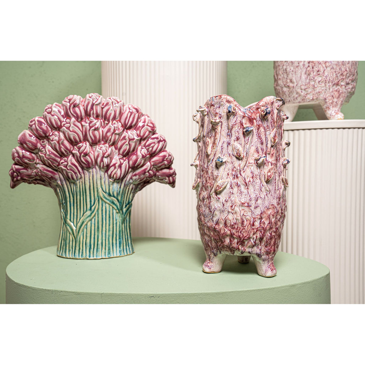 Vase - Light Pink Color, Round Shape, Blue Rose Motif, Ceramic, S - Laihla | PTMD