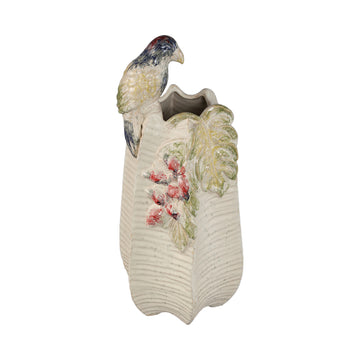 Vase – Cream, Round Shape, Parrot Motif, Ceramic, L – Rialey | PTMD