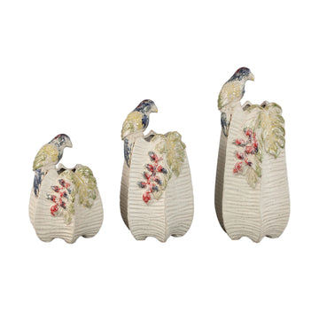 Vase – Cream, Round Shape, Parrot Motif, Ceramic, L – Rialey | PTMD