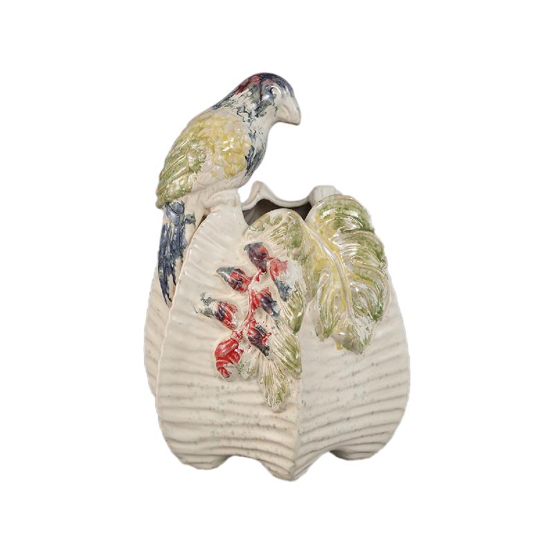 Vase – Cream, Round, Parrot Motif, Ceramic, S – Rialey | PTMD