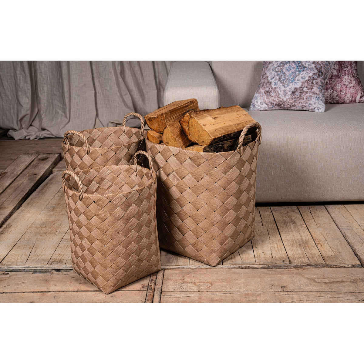 Basket - Natural Paper, Braided Look, Round Shape, With Handle - Clarke | PTMD