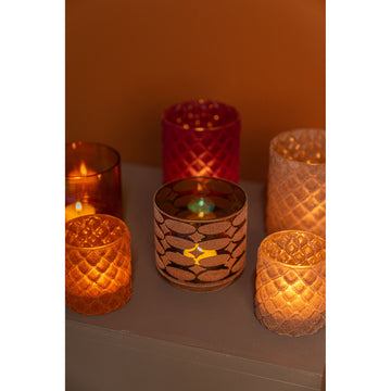 Teelichthalter aus Glas, rosa Farbe, mit Flocking-Oberfläche, Rautenform, L – Amella | PTMD