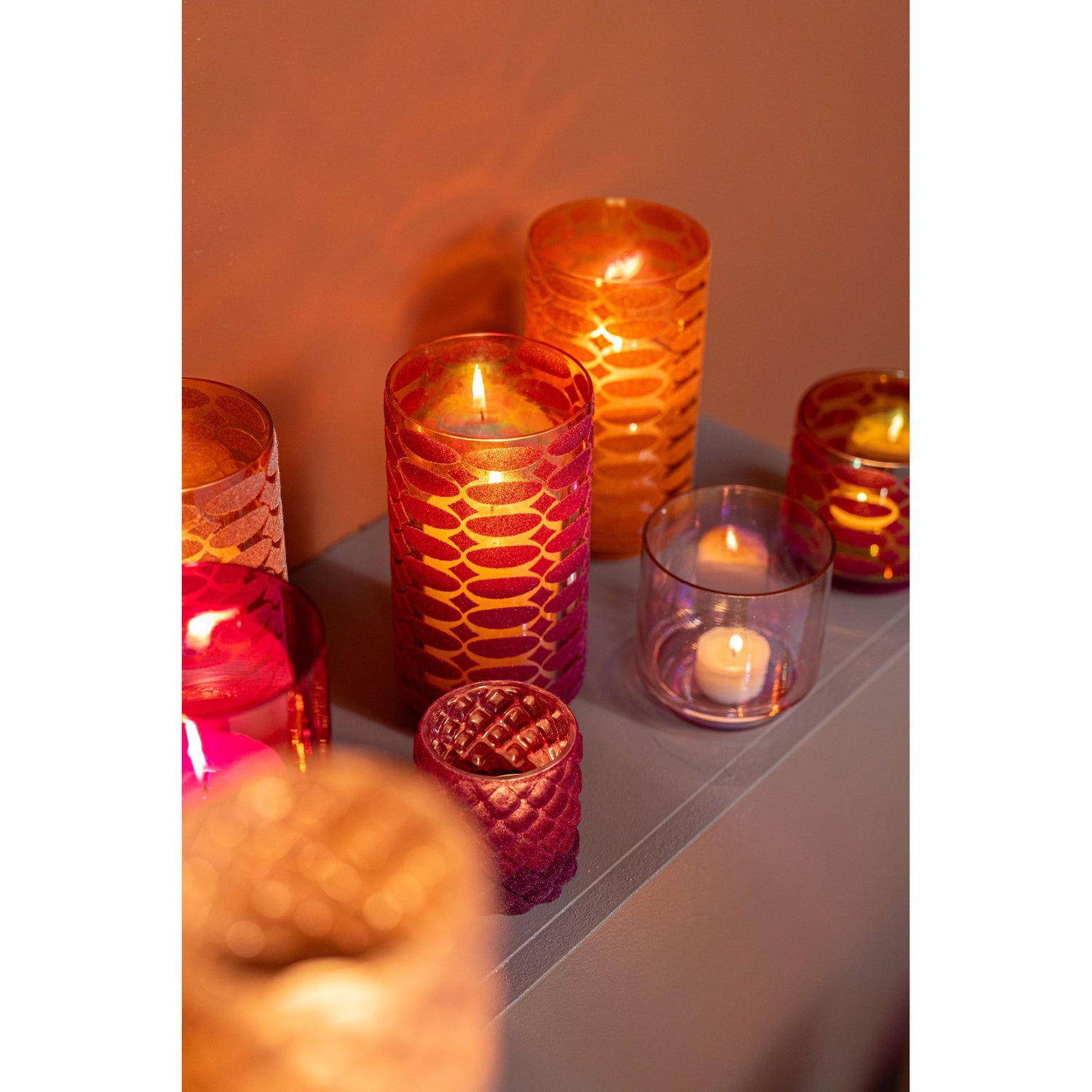 Windlicht – Beflocktes Design, Motiv Muster, Glasmaterial, Orange – Nadara | PTMD
