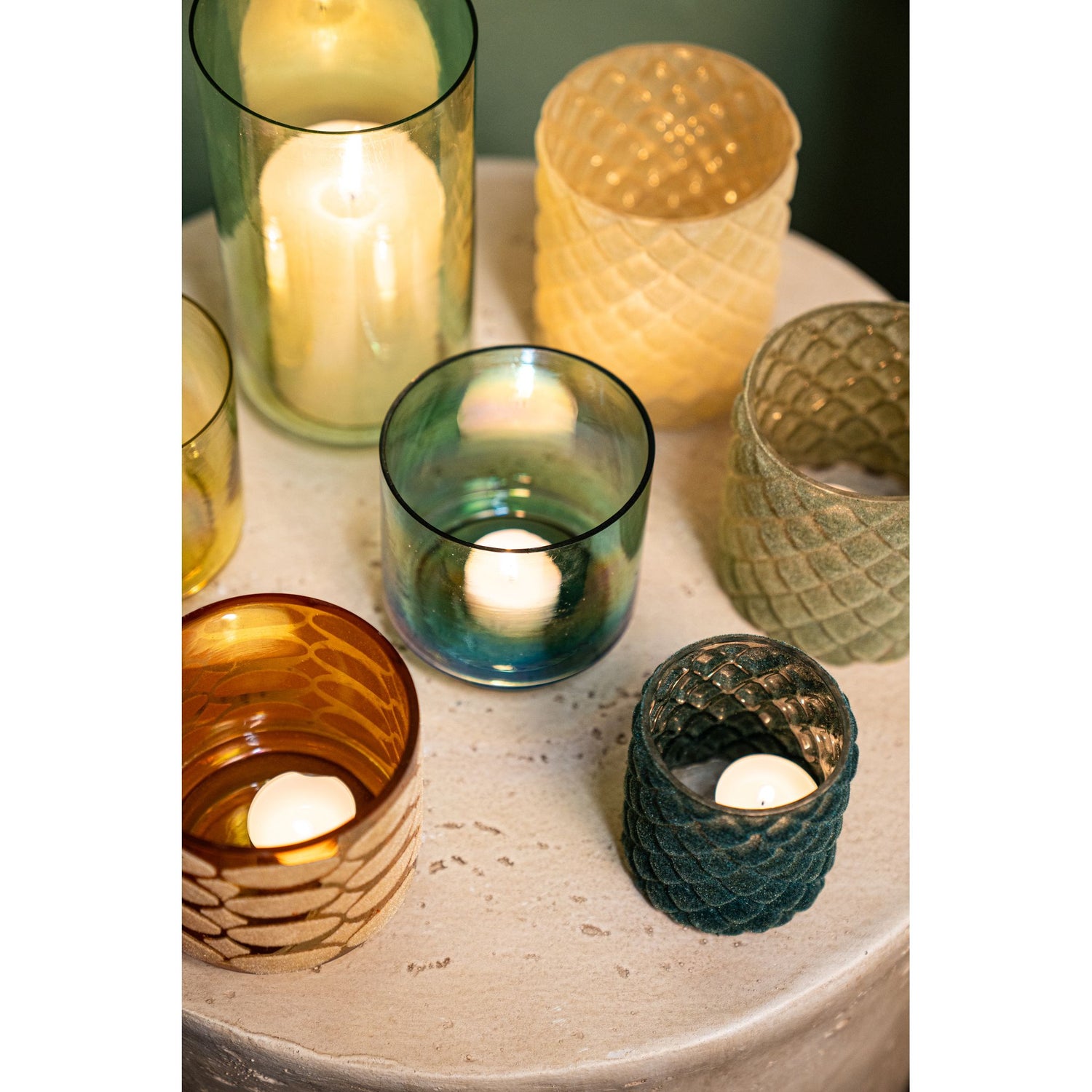 Windlicht – Beflocktes Design, Motiv Muster, Glasmaterial, Türkis – Nadara | PTMD