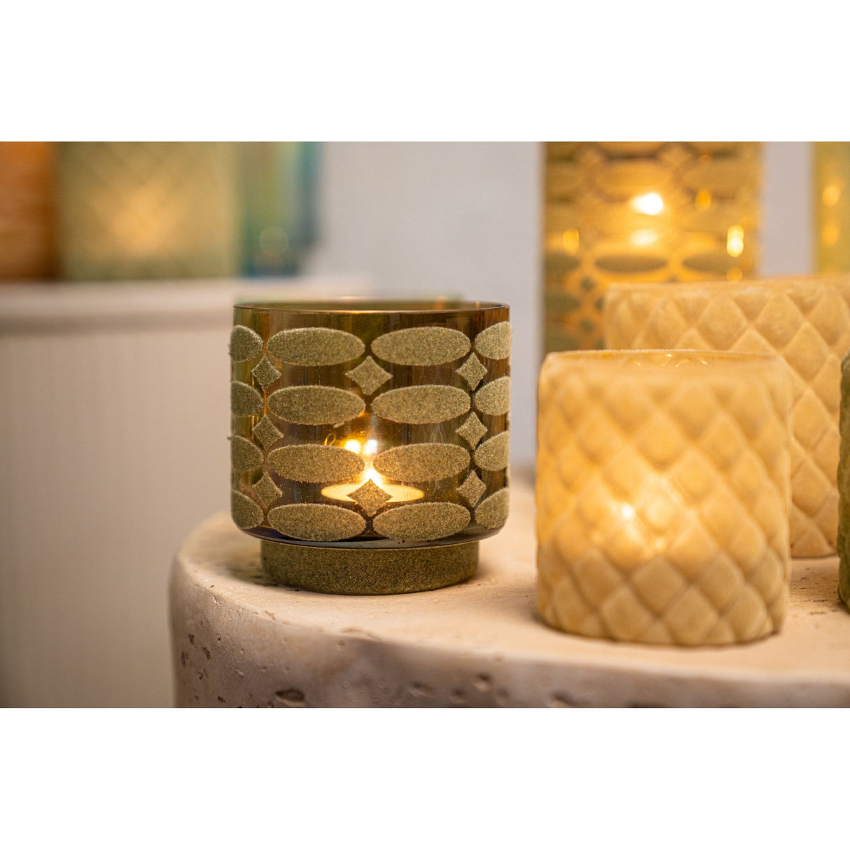 Teelichthalter – Beflocktes Design, Motiv Muster, Glasmaterial, Grün – Nadara | PTMD