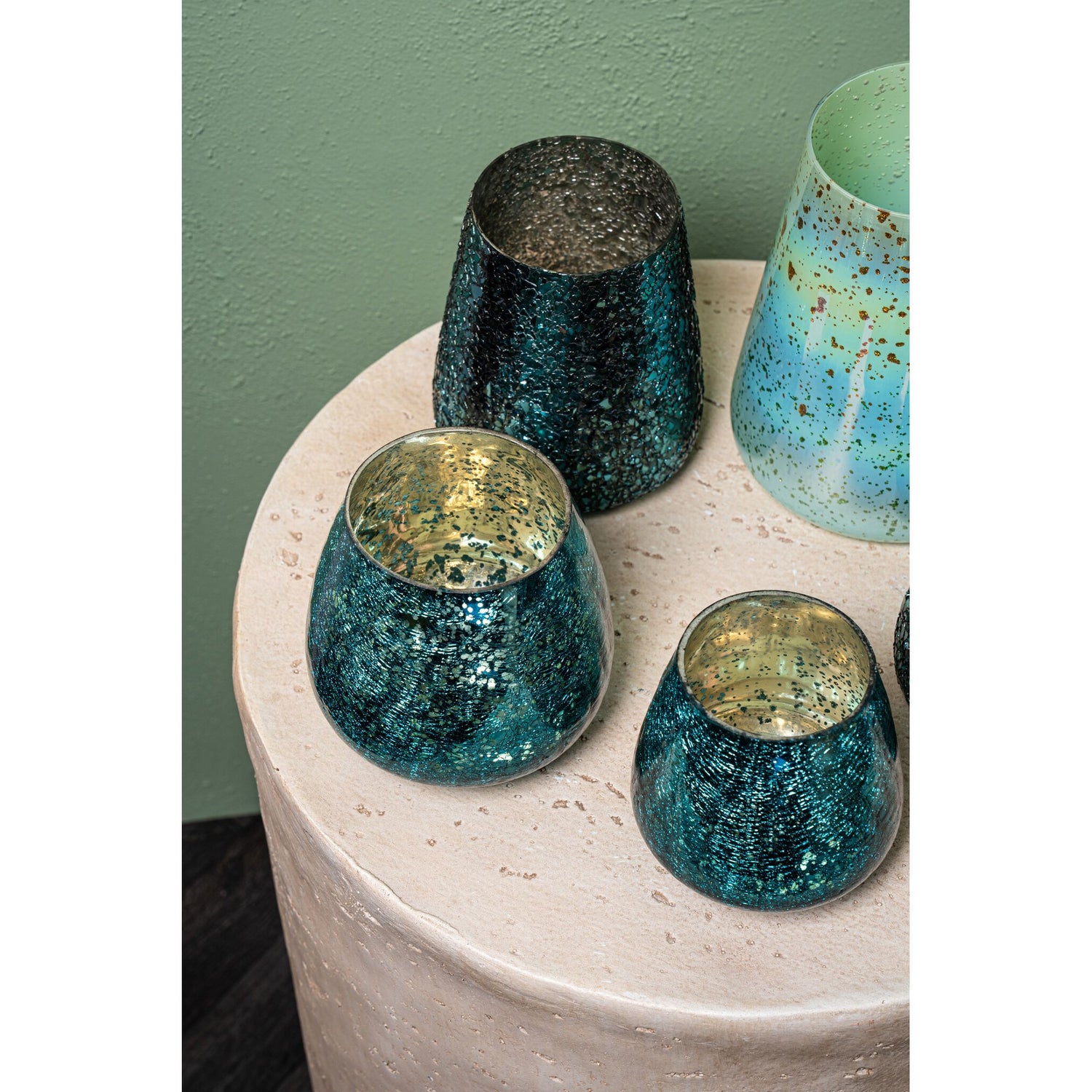 Windlicht – Crackle Design, Bollenform, Glasmaterial, Türkis, L – Mayna | PTMD