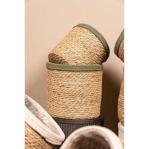 Basket – Dark Green Rattan, With Ears, Round Shape – Leavy | PTMD