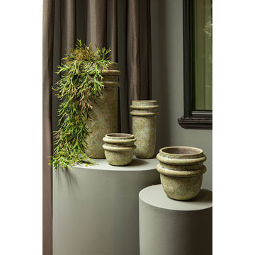 Vase – Doppelte Kante, Zement Material, Runde Form, Grün, S  - Almeda | PTMD