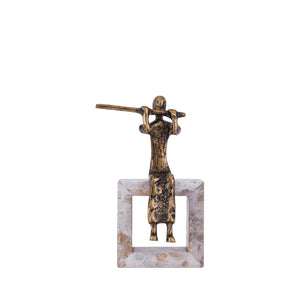 Statue - cast aluminum, handmade, gold-colored, Flute Lady, marble base – Aleria | PTMD