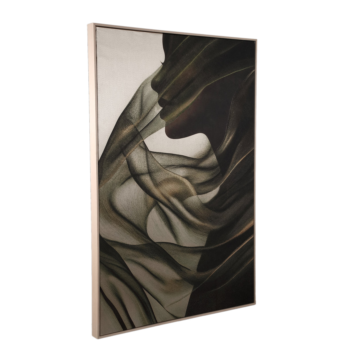 Wall panel made of polyester canvas with a pine wood frame, featuring a female motif and a dark green finish – Jilla | PTMD
