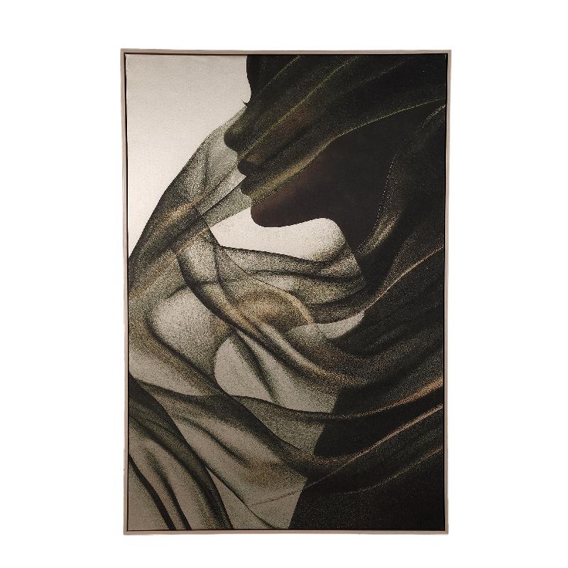 Wall panel made of polyester canvas with a pine wood frame, featuring a female motif and a dark green finish – Jilla | PTMD