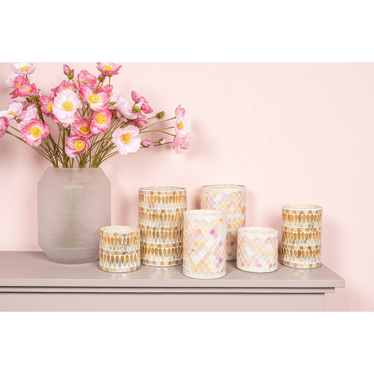 Hurricane Lantern – Glass Material, Light Pink Tone, Mosaic Design, S – Zadie | PTMD