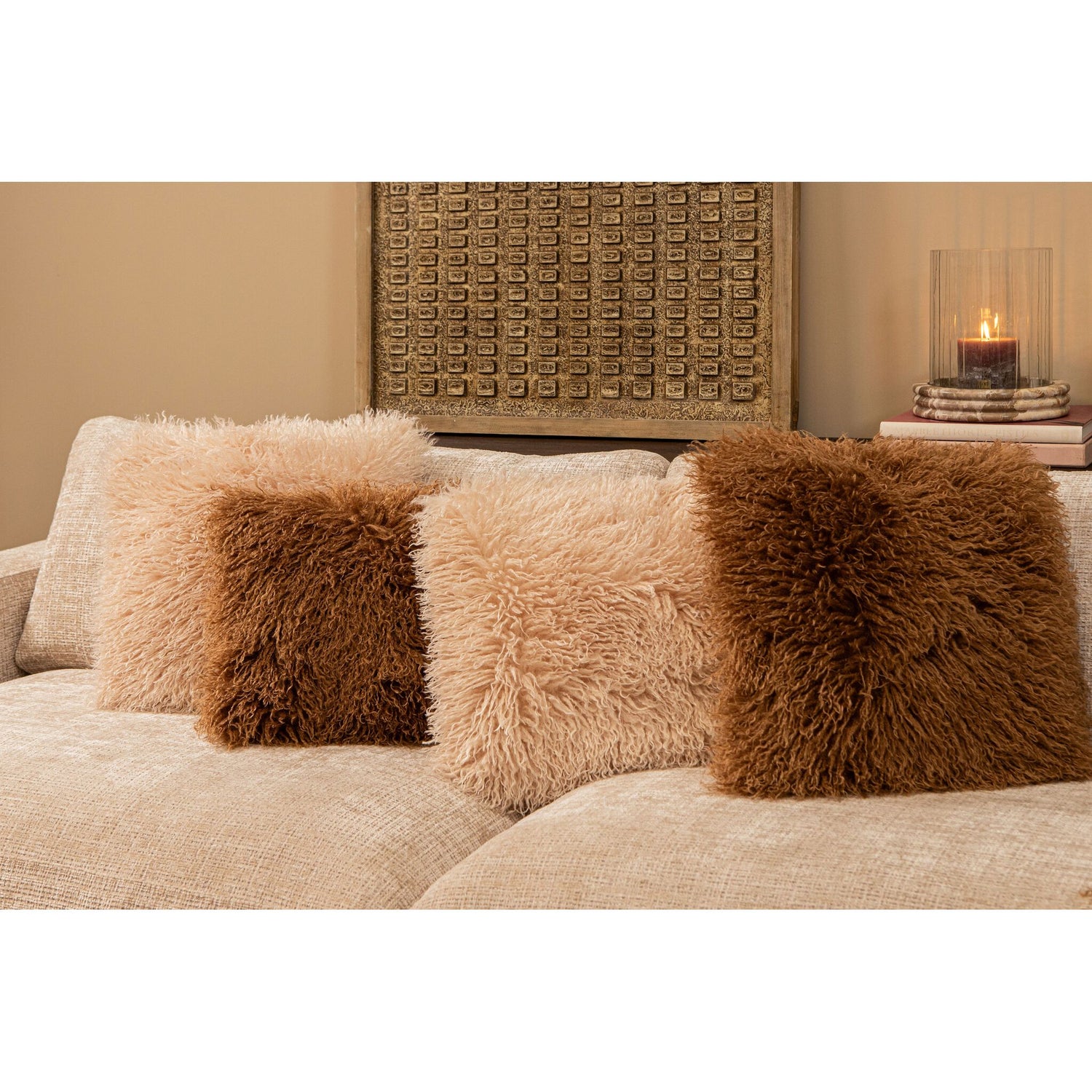 Cushion - Beige Faux Sheepskin, Polyester, Fluffy, Zipper, S – Rexx | PTMD