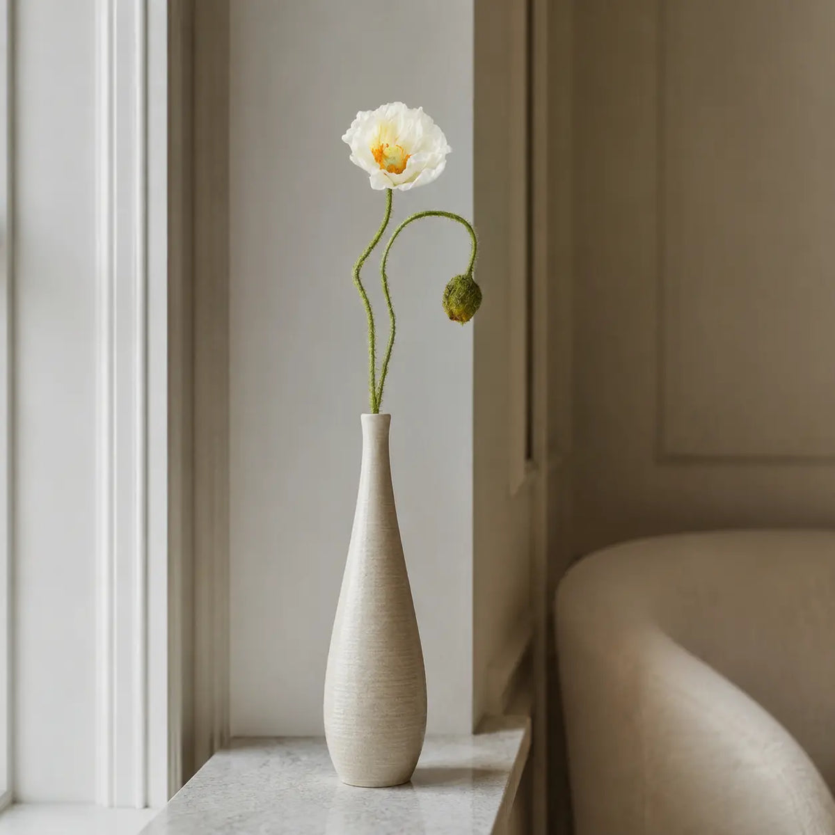 Mohnblume – Weißer Mohnzweig mit Knospe aus Polyestergewebe | PTMD