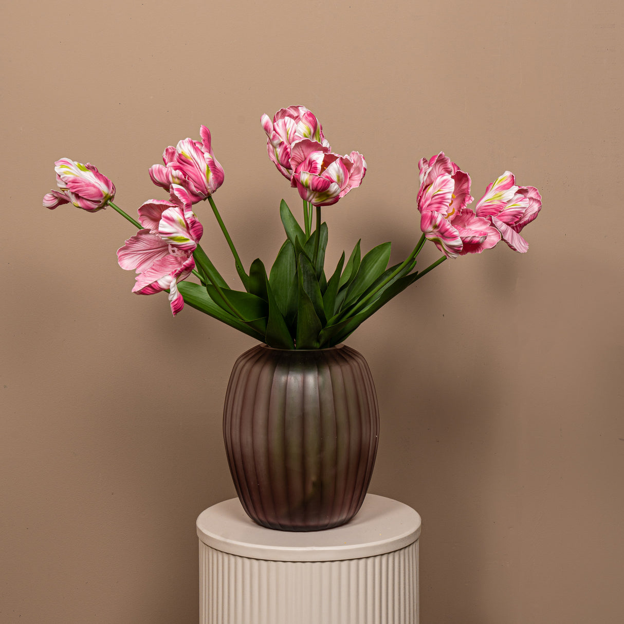 Tulip Flower - Red Parrot Tulip with Leaves, Plastic, Semi-Handmade | PTMD