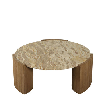 Coffee Table - Marble Top, Mango Wood Base, Handmade, Round, Brown Tone, L – Javina | PTMD