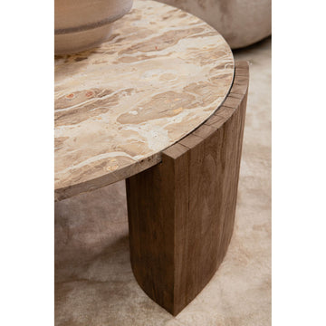 Coffee Table - Marble Top, Mango Wood Base, Handmade, Round, Brown Tone, L – Javina | PTMD