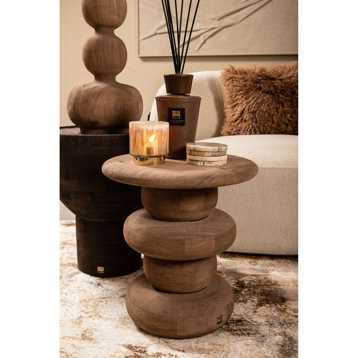 Side Table - Mango Wood, Handmade, Natural, Ribbed, Round – Keven | PTMD