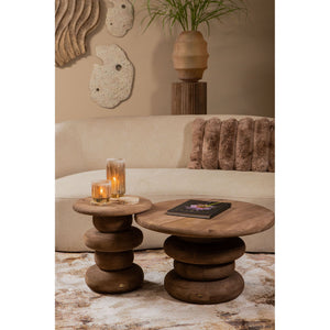 Side Table - Mango Wood, Handmade, Natural, Ribbed, Round – Keven | PTMD