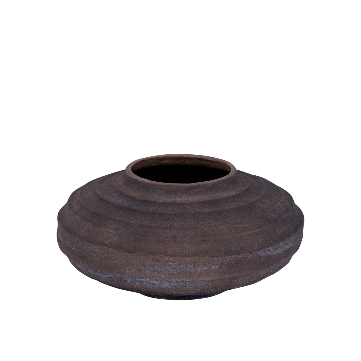 Blumentopf aus gegossenem Aluminium in Dunkelbraun mit Rippendesign, Stone-Wash-Finish, M – Kody | PTMD