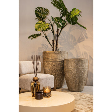 Pot – cream surface, floral pattern, round shape, L – Sasha | PTMD