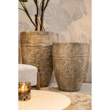 Pot – cream surface, floral pattern, round shape, L – Sasha | PTMD