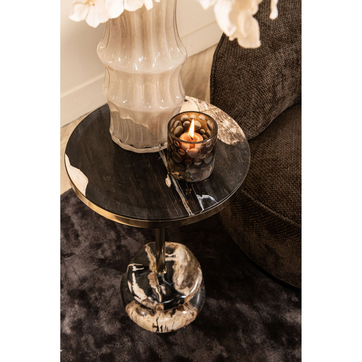 Side Table - Petrified Wood, Stainless Steel, Double Base, Natural - Wane | PTMD