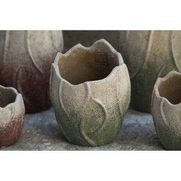 Topf – Wellen Design, Zement Material, Runde Form, Grün, L - Ryla | PTMD