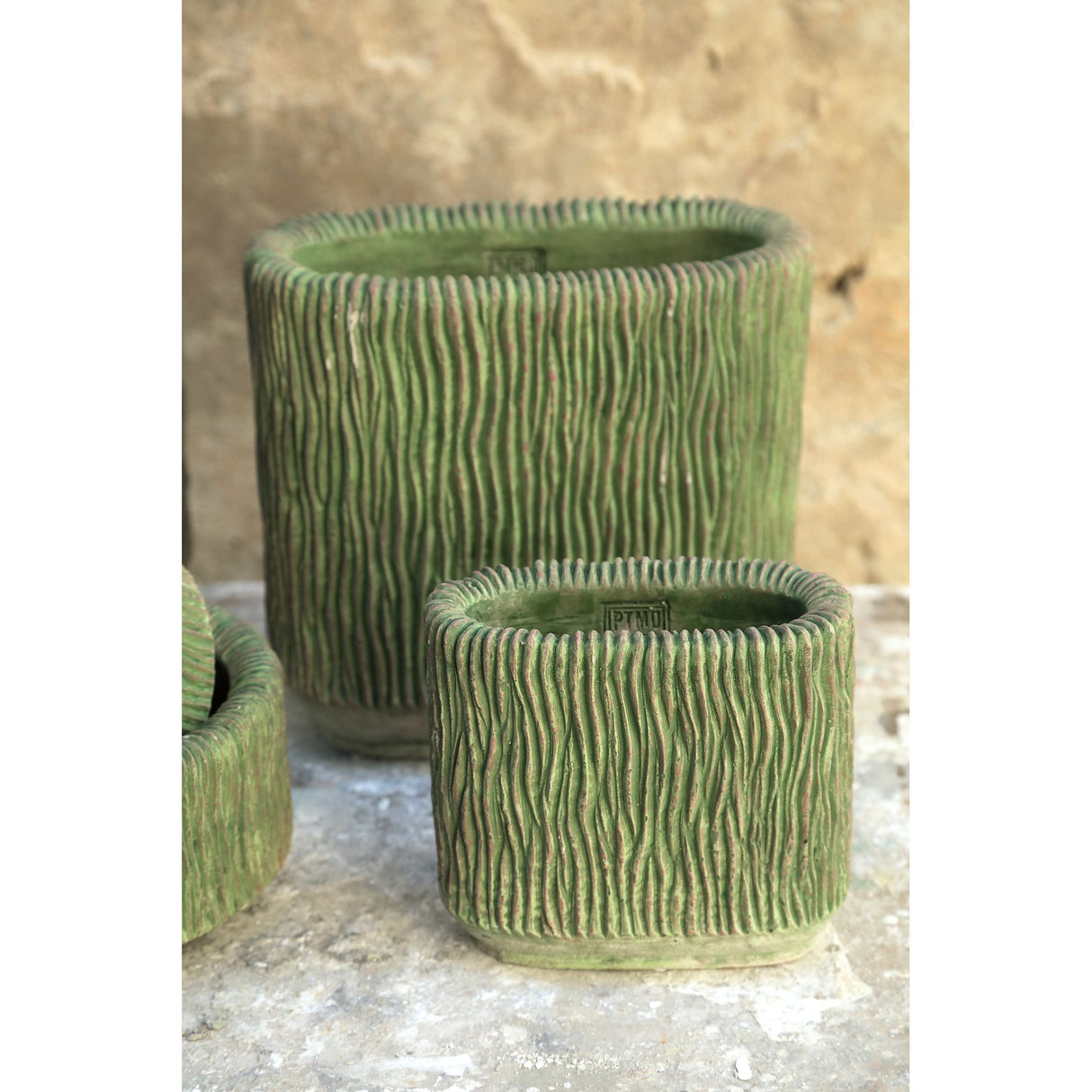 Flowerpot – Oval Shape, Striped Structure, Moss Green Color, L – Jacyln | PTMD