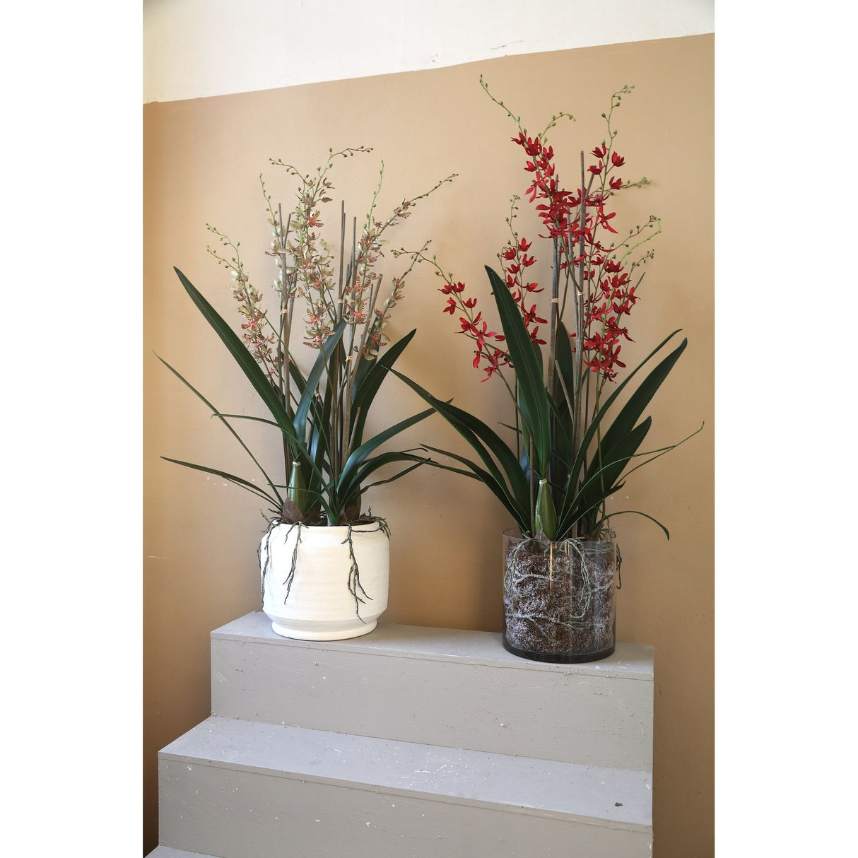 Kunstpflanze – Rosa Blüten, Glas Vase, Polyester Glas, L | PTMD