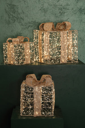 LED-Geschenkboxen – Goldfarben, Perlendekor, 3er-Set - Misk | PTMD